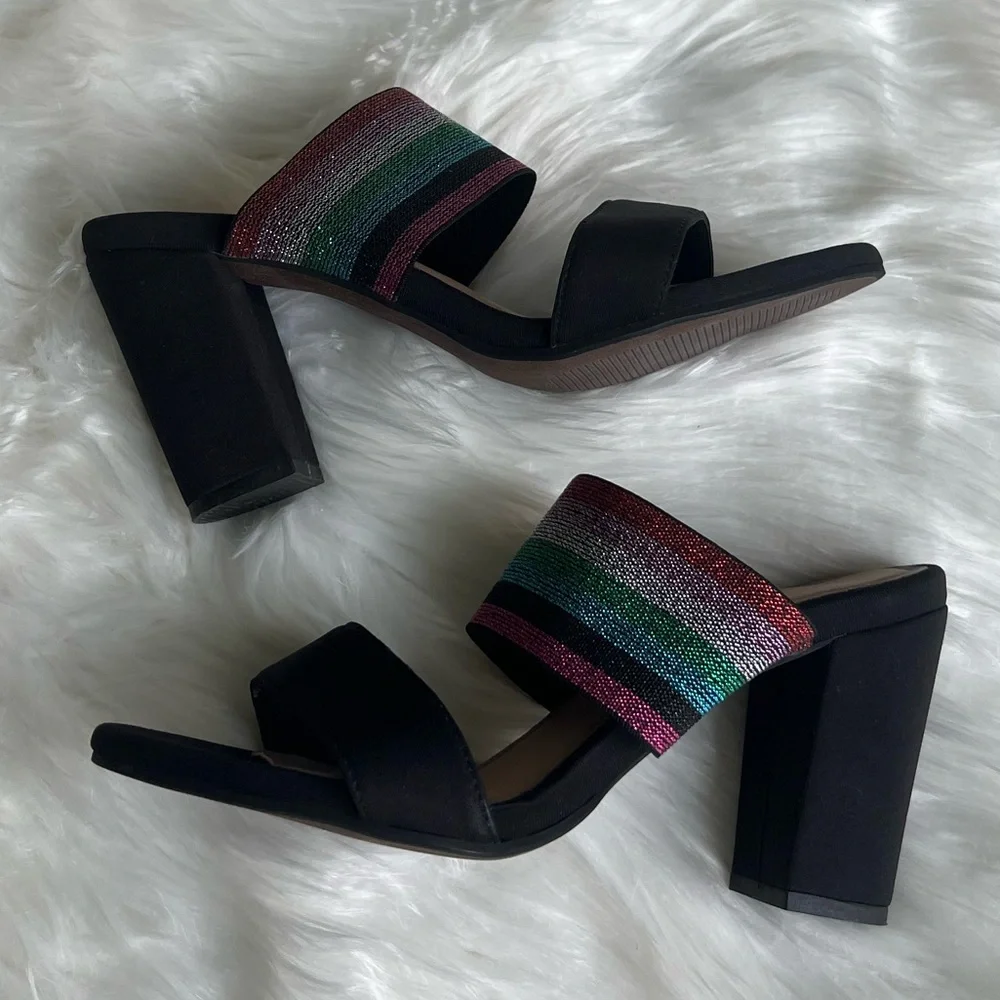 Kaanas size 37 NWOT black pink green multi color sparkley block heels